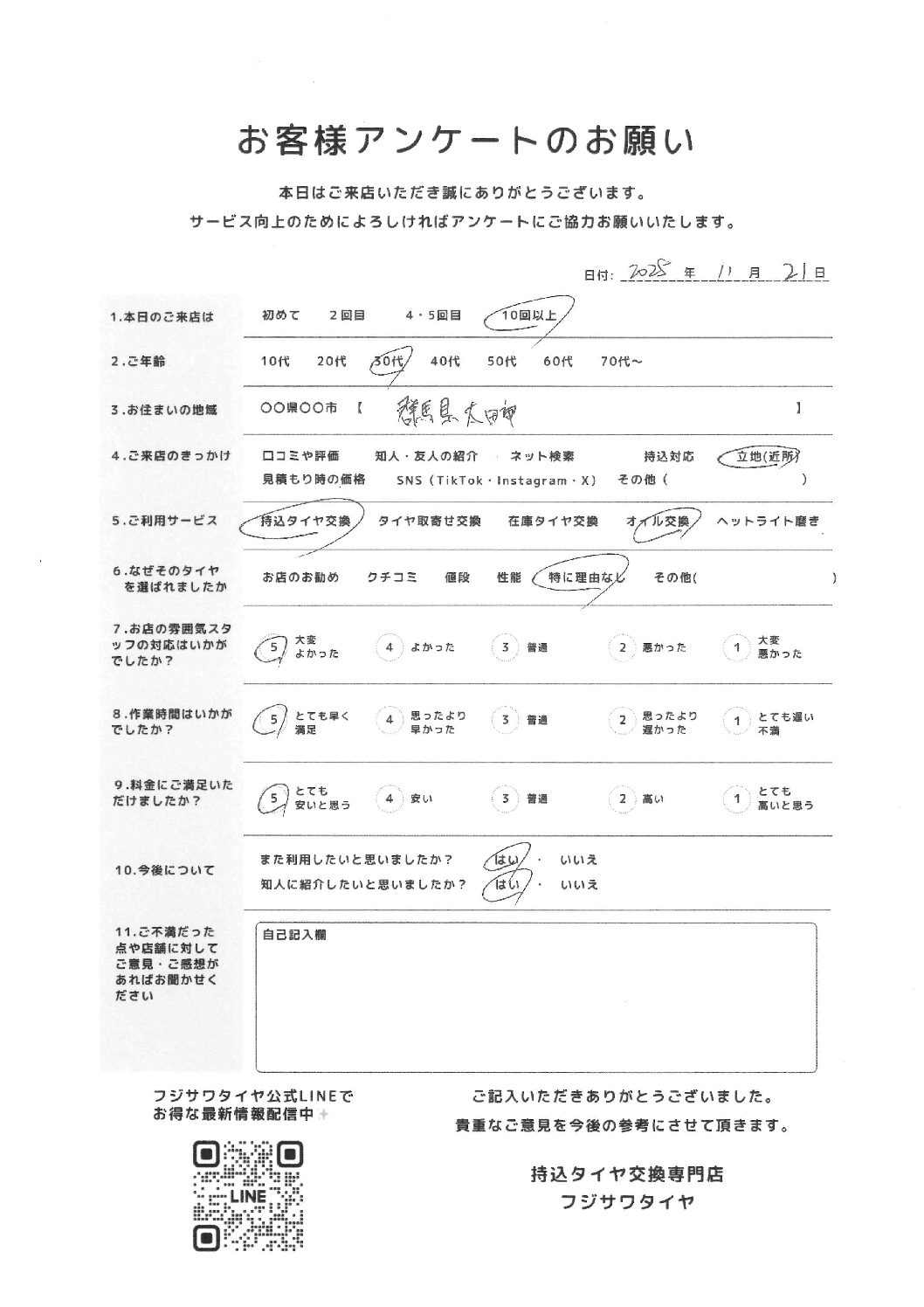 お客様の声・事例紹介｜フジサワタイヤ｜持込タイヤ交換専門店｜深谷